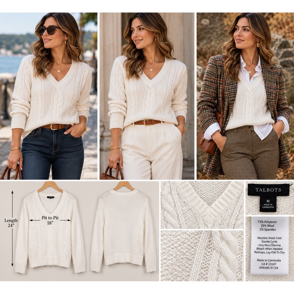 Talbots Cable Knit Sweater M Ivory Wool Blend V Neck Coastal Heritage Preppy